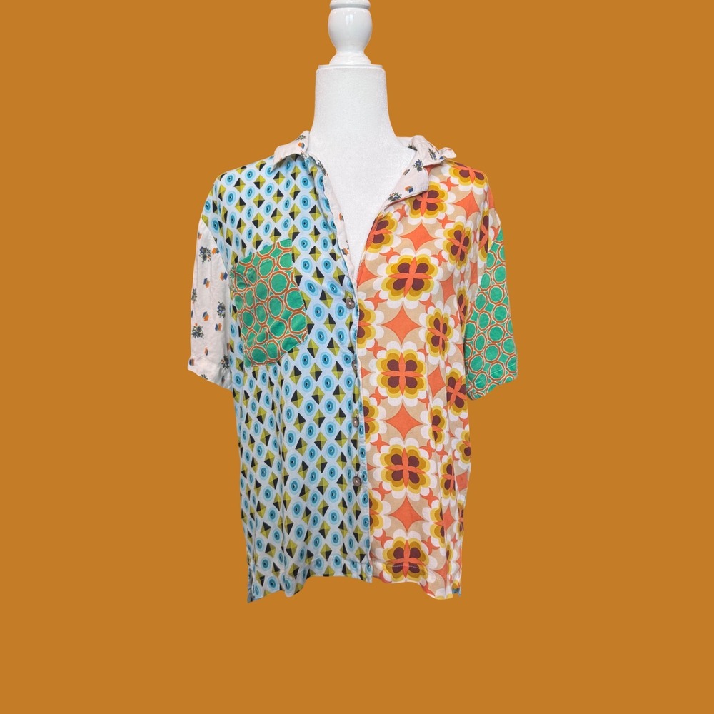 Urban Outfitters Mixed Print Button Down Shirt S Multicolor Excellent 70s Retro